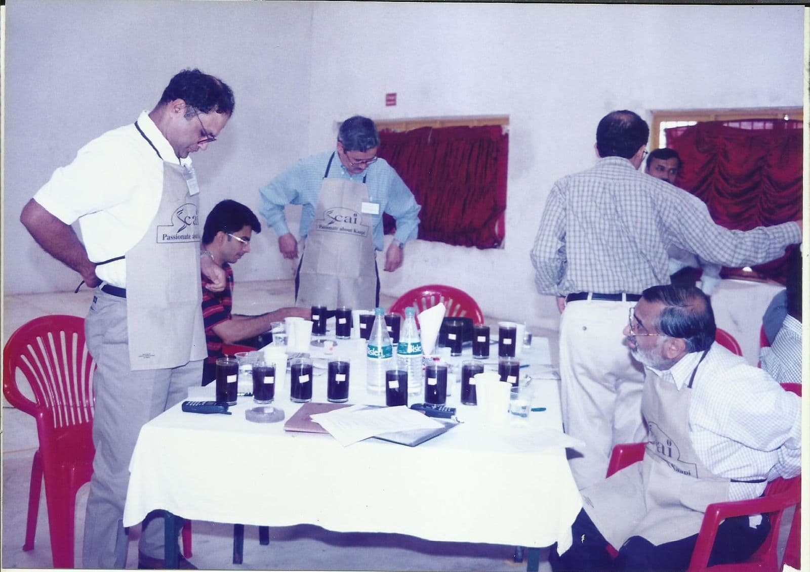 Cupping tables set with coffee samples